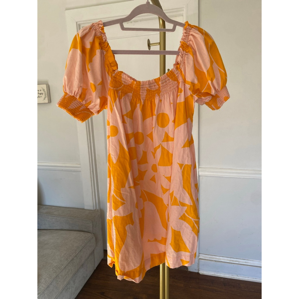 Free People Mila Floral Mini Dress S Boho Puff Sleeve Smocked Pink Orange Beach - Picture 2 of 8